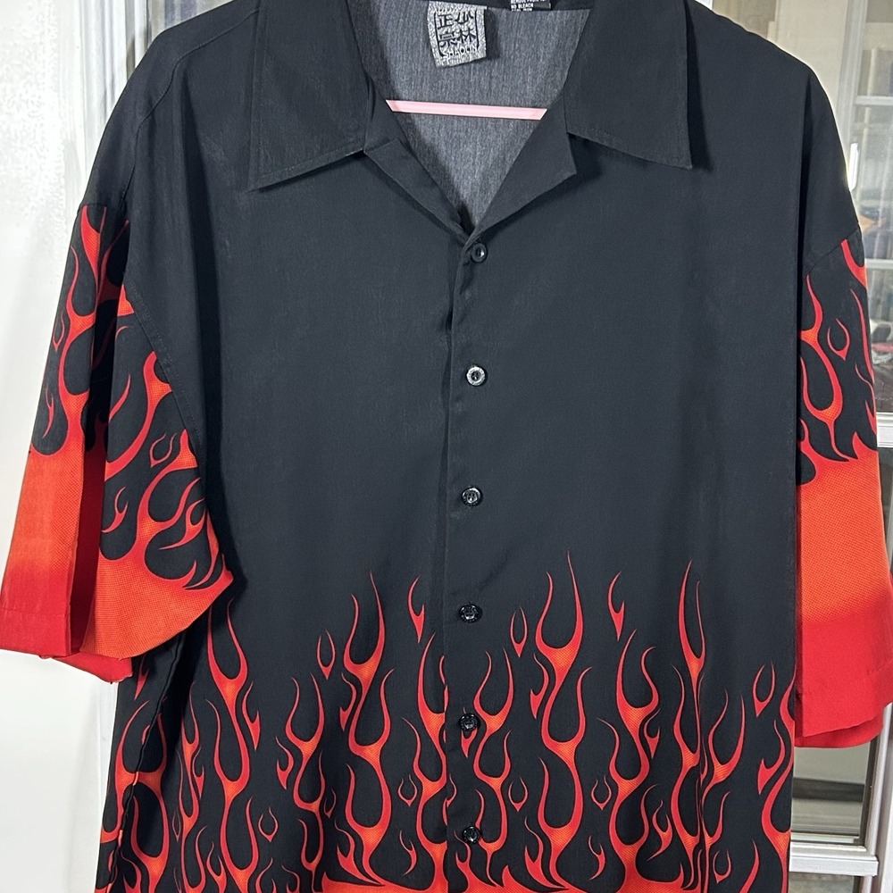 Authentic Shaolin Vintage Y2K Flame Print Camp Collar Button Up‎ Shirt XL - Picture 4 of 11